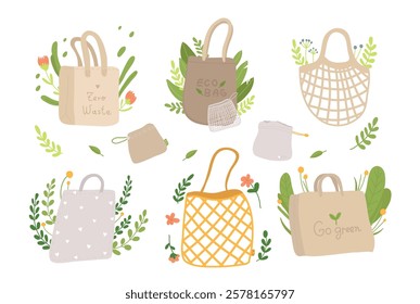 Woven mesh and textile cotton eco bags for groceries shopping, zero waste accessories for purchase with motivational phrases and cute fashion design set. Ecological pack collection vector illustration