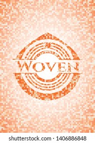 Woven orange tile background illustration. Square geometric mosaic seamless pattern with emblem inside.