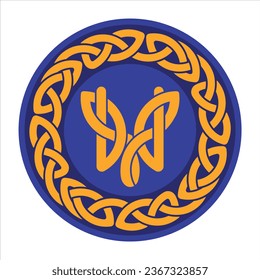 Woven pattern in the form of trident in a circle in blue-yellow colors. Symbols of Ukraine. Trident emblem.