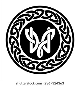 Woven pattern in the form of trident in a circle in black and white colors. Symbols of Ukraine. Trident emblem.