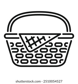 Woven picnic basket with checkered cloth inside on white background