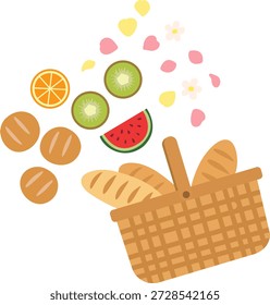 Uma cesta de piquenique recheada de pão e rodeada por laranjas fatiadas e kiwi melancia