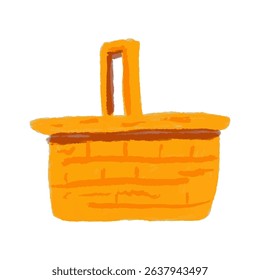 Woven picnic basket icon in painterly hand-drawn style with warm yellow tones. Represents outdoor dining and picnic culture. Great for summer illustrations, travel brochures, or casual meal themes.