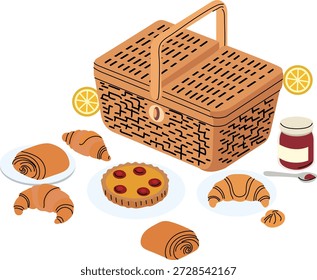 Uma cesta de piquenique tecida é cercada por deliciosos doces, incluindo croissants e uma tarte de frutas, com um pote de geleia e fatias de limão.