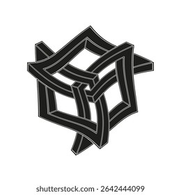 Woven ribbon object. Twisted vector shape. Black abstract form. Interlaced line structure.