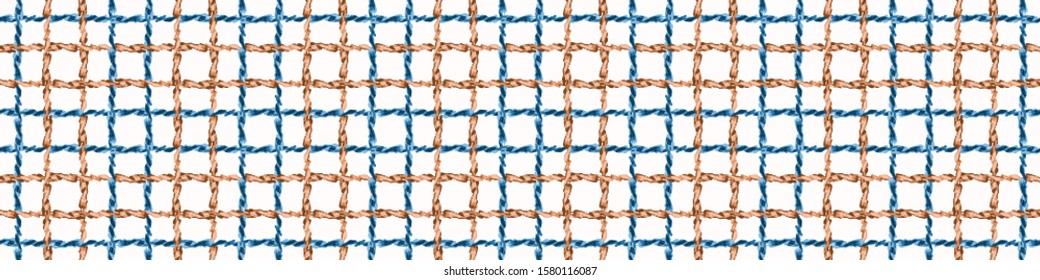 Woven Rope Fishing Net Banner on White Background. Hand Drawn Maritime Vector Seamless Border Pattern. Nautical Summer Header Edging Trim. Classic Blue Coral Netting Twist Thread. Ribbon Edge EPS10

