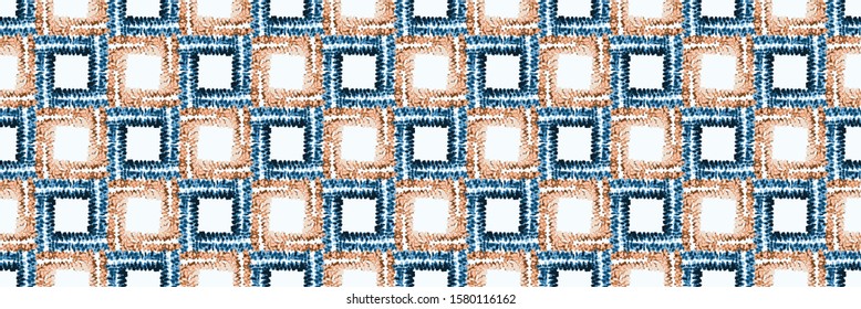 Woven Rope Fishing Net Banner on White Background. Hand Drawn Maritime Vector Seamless Border Pattern. Nautical Summer Header Edging Trim. Classic Blue Coral Netting Twist Thread. Ribbon Edge EPS10
