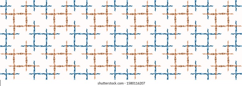 Woven Rope Fishing Net Banner on White Background. Hand Drawn Maritime Vector Seamless Border Pattern. Nautical Summer Header Edging Trim. Classic Blue Coral Netting Twist Thread. Ribbon Edge EPS10
