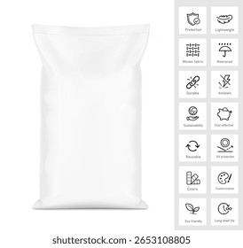 Saco de saco tecido mockup com ícones definido para produtos químicos e etc. Alto realista. Ilustração vetorial isolada sobre fundo branco. Pronto para uso na apresentação, promoção, publicidade. EPS10