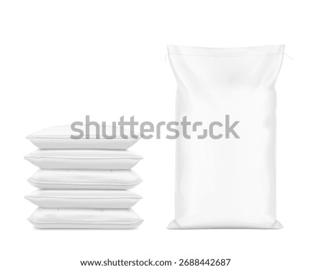Woven sack bag mockup set for chemical products and etc. High realistic. Vector illustration isolated on white background. Ready for use in presentation, promo, advertising. EPS10.