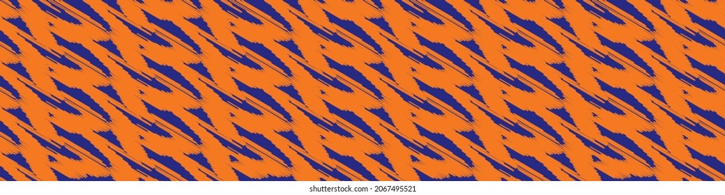 Woven scrim linen weave texture vector border. Seamless orange blue canvas effect banner with scribbled painterly overlapping slanted loops. Woven melange yarn design for web, ribbon, edging.