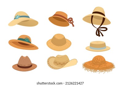 Woven straw hats vector illustrations set  Different designs yellow hats and wide brims  clothes for farmers isolated white background  Fashion  summer  agriculture farming concept
