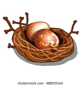 Woven straw nest with twigs isolated on white background. Eggs of wild birds. Vector cartoon close-up illustration.