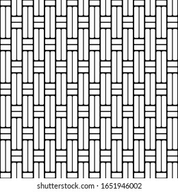 Woven stripes lattice. Weave seamless pattern. Simple wicker background. Braiding background. Weaving texture. Interlacing lines for design interior, textile, fabric. Black and white fiber. Vector 