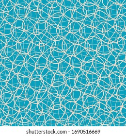 Woven style grid vector seamless pattern background. Hand drawn entwined loops of yarn weave backdrop. Geometric mesh of thread lines. Minimal blue organic all over print for texture, fabric packaging