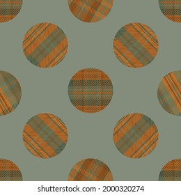 Woven tartan circles seamless vector pattern background. Ochre sage green plaid circle shapes backdrop. Geometric faux woven fabric modern check circular patches. Repeat for for fall, cosy home