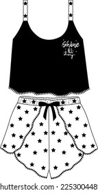 DEPÓSITO DE LAVABO Y LÁMPARA DE LATA Y CORTO PARA LAS MUJERES EN ARCHIVO DE VECTOR EDITABLE. patrón sin costuras estrella. minifalda. ropa de casa y ropa de noche. lindo pajama con estampado estelar.