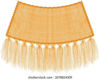 Woven wall hanging tapestry with decorative wavy frame and soft vertical tassel fringe in orange, brown color isolated on white background