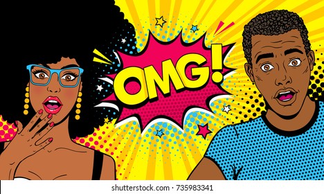 Wow afro american couple. Handsome young surprised man and sexy woman in glasses with open mouths and speech bubble with OMG! text. Vector colorful cartoon background in pop art comic retro style.