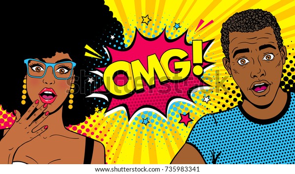 Wow afro american couple. Handsome young surprised\
man and sexy woman in glasses with open mouths and speech bubble\
with OMG! text. Vector colorful cartoon background in pop art comic\
retro style.