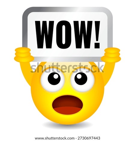 Wow amazed emoji face vector cartoon isolated on white background. Funny creative illustration of yellow emoticon holding Wow sign. Abstract creative web design element for online messaging, computer chat, social media communication etc.