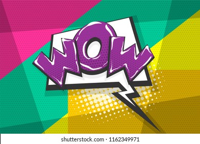 Wow amazing magic comic text speech bubble. Colored pop art style sound effect. Halftone vector illustration banner. Vintage comics book poster. Colored funny cloud font.