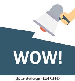 WOW! Announcement. Hand Holding Megaphone With Speech Bubble. Flat Vector Illustration