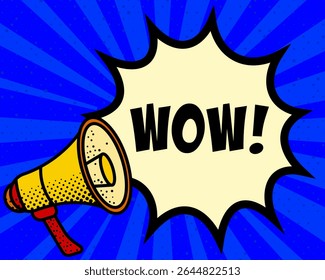 Wow announcement speech bubble. Megaphone, speech burst, comic style, bright background, communication element, expression tool, voice projection, information sharing, pop art design.