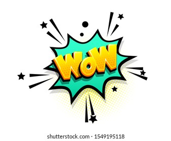 Wow awe isometric comics text shock phrase pop art. Cartoon funny retro font. Colored comic text speech bubble. Positive sticker cloud vector illustration.