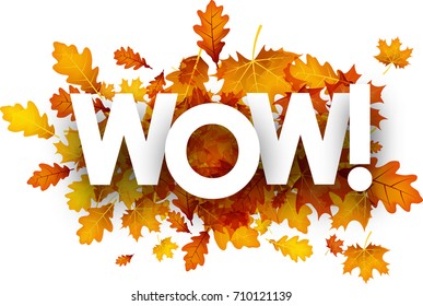 Wow background with golden maple and oak leaves. Vector paper illustration.