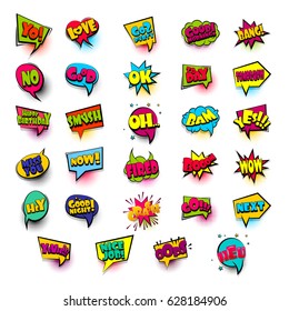 Wow, bang, boom, hey, dialog cloud text. Creative idea speech balloon conversation comic book. Big set comic font bubble effects template. Speech chat bubbles halftone dot background pop art.