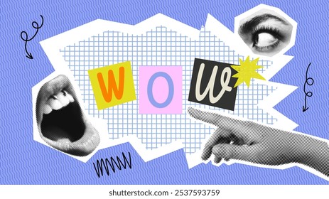 WOW banner with female open mouth, eye and hand. Trendy vector pieces. Creative collage for social media, card, print.