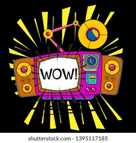 wow, Beautiful greeting card poster with vintage Television and comic or cartoon style