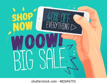 Wow Big Sale Banner Template. Sale And Discounts. Discount Banner For Mobile App. Vector Web Poster