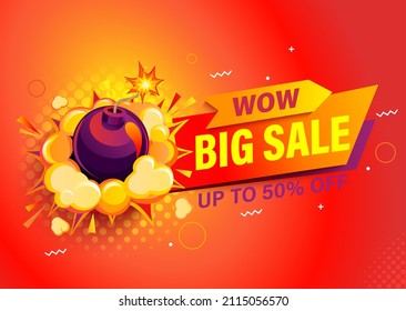 Wow, Big sale bright banner with bomb explosion. Up to 50 percent off, discount promotions. Template design for labels, flyers, posters advertise in pop art comic cartoon style. Vector illustration.