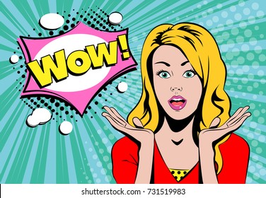 Wow blond girl face with speech bubble in pop art retro comic book style, vector illustration.