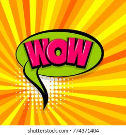 wow, boom Comic text speech bubble balloon. Pop art style wow banner message. Comics book font sound phrase template. Halftone radial vector illustration funny colored design.