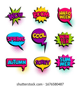 Wow, boom, cool, sorry halloween set speech bubble. Comic text banner poster sticker concept. Comics book pop art style text. Message speech bubble boom cloud talk web comic text. Vector Illustration.