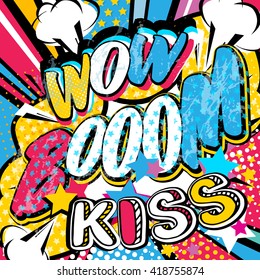 Wow Boom  Kiss comics pop art vector illustration