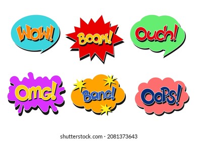 WOW, Boom, Ouch, OMG, Bang, Oops comic text. Pop art style. Vector illustration.