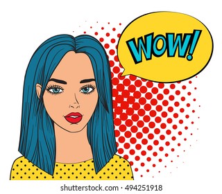 WOW bubble pop art style. Woman with speech bubble. Fashion, beautiful woman with blue hair. Girl says WOW. Comic girl vector illustration isolated on white background
