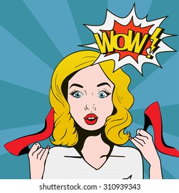 WOW bubble pop art surprised woman face with open mouth and new shoes