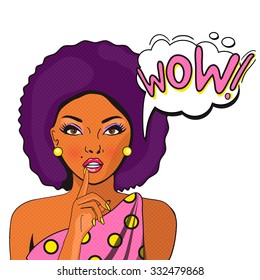 WOW bubble pop art. Surprised black woman with open mouth. Thoughtful woman with her mouth open. Vintage comic poster. Pop Art illustration of a woman with the speech bubble. Party invitation