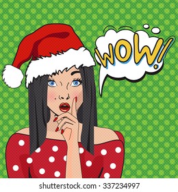 WOW bubble pop art. Surprised woman with opened mouth.Christmas comic poster with a girl. Pop Art illustration of a woman with the speech bubble. Party invitation. Christmas Girl Pop Art