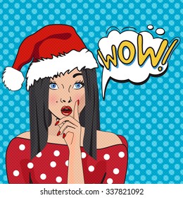 WOW bubble pop art. Surprised woman with opened mouth.Christmas comic poster with a girl. Pop Art illustration of a woman with the speech bubble. Party invitation. Christmas Girl Pop Art