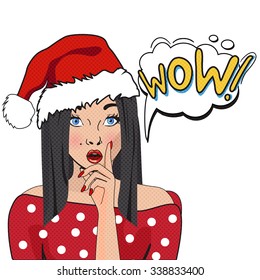 WOW bubble pop art. Surprised woman with opened mouth  isolated on white background.Christmas comic poster with a girl. Illustration of a woman with the speech bubble