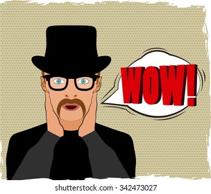 Wow bubble pop art, surprised old-fashioned man on dotted background. Fifties style comics vector illustration