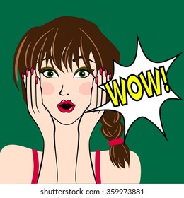 WOW bubble pop art surprised woman face with open mouth