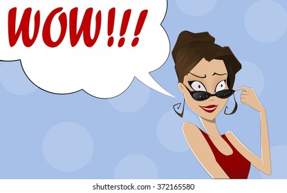 WOW bubble pop art surprised woman face with sunglasses open mouth. Vector illustration