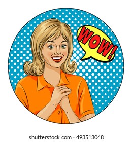 Wow bubble pop art surprised woman face. Pop Art illustration of a comic style, girl speech bubble. Hand drawn vector illustration.
